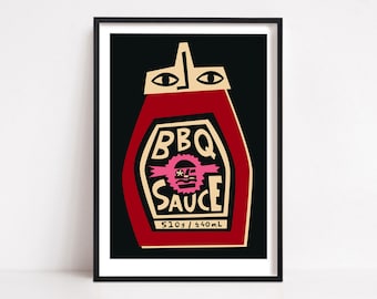 BBQ Sauce Kitchen Poster, Wall Decor for Him or Her, Retro Mid Century Wall Art, Mix and match with our other food and drink designs!