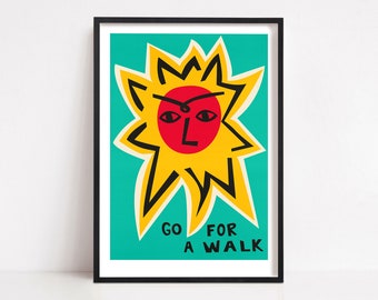 Mid Century Sun Art, Self Care Print. Bright & uplifting fine art giclée print, a calming reminder to go for a walk to help mental health.