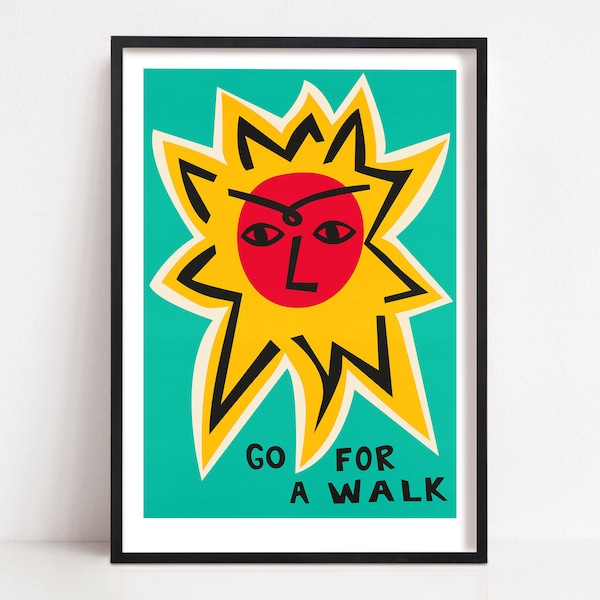 Mid Century Sun Art, Self Care Print. Bright & uplifting fine art giclée print, a calming reminder to go for a walk to help mental health.