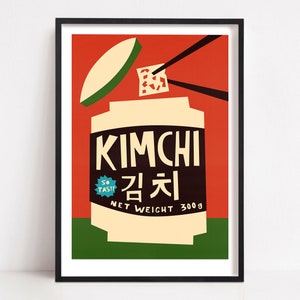 Kimchi Print, Korean Food Poster for Kitchen, Mid Century Kitchen Wall Decor, Retro Style Print showing a Jar of Kimchi with Chopsticks