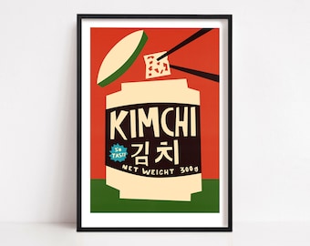 Kimchi Print, Korean Food Poster for Kitchen, Mid Century Kitchen Wall Decor, Retro Style Exhibition Poster, Jar of Kimchi with Chopsticks