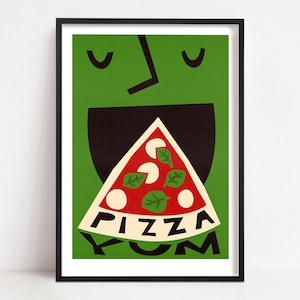 Stampa di pizza, arte del fast food, stampa da cucina, arredamento di metà secolo, sala da pranzo, regalo per buongustai, amante del cibo, pizza Margherita, cartello "Eat", cibo italiano