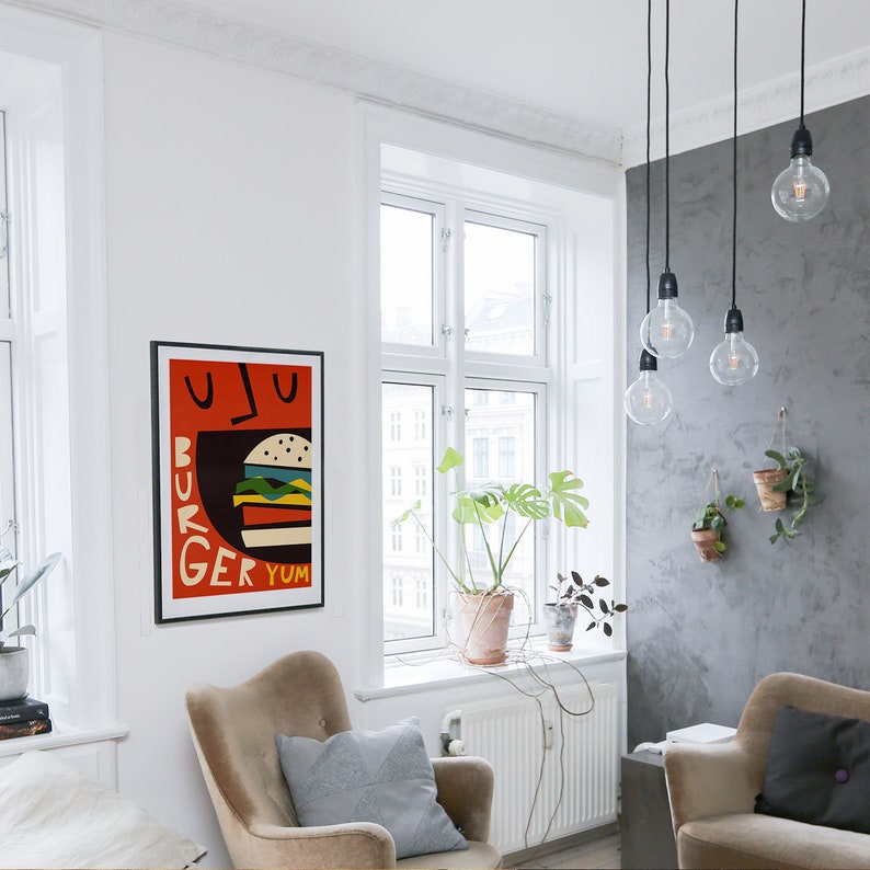 BFF Gift Idea Retro Food Poster Red Kitchen Print Beef Burger Art Apartment Art Living Room Decor Mid Century Modern Illustration
