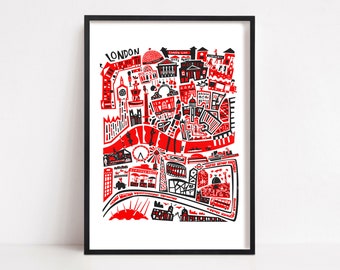 London Map Print, Map of London, Illustration Housewarming Gift, Retro Travel, Destination Gift, London City Print, World Traveller Gift