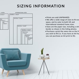 May include: Sizing information for prints, showing different sizes in inches and centimeters. Prints are sold unframed.  The text states that prints are sold unframed and that a wide range of sizes are available to fit any space.