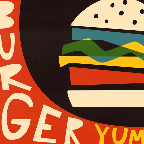 BFF Gift Idea Retro Food Poster Red Kitchen Print Beef Burger Art Apartment Art Living Room Decor Mid Century Modern Illustration