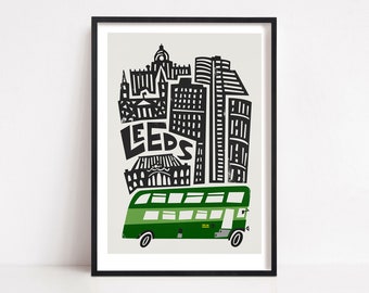 Leeds Print, Bus Art, Cadeau de pendaison de crémaillère, Art rétro, City Print, affiche de style vintage, Cadeau de remise des diplômes, Aller à l’université, Cadeau étudiant, Nouveau diplômé