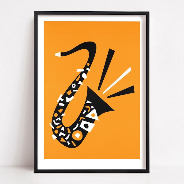 Saxophone Print, Music Lovers, Gift for Musician, Orange & Black, Music Room, Mid Century Modern, Retro Illustration, MCM Design, Home Decor