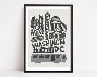 Washington DC Poster, Mid Century Style Travel Art, Gift for Wedding or Anniversary, Retro Style Travel Poster, Art for Gallery Wall