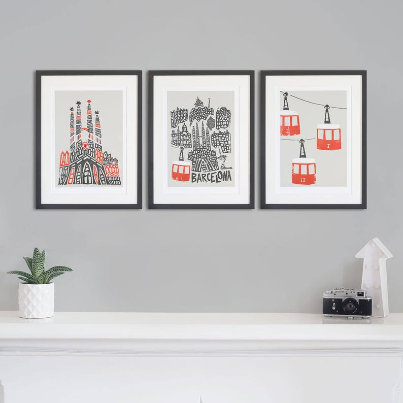 Set of 3 Barcelona Prints. Barcelona City Print, Sagrada Familia, and Cable Cars Prints. 3 Piece City Wall Art. image 5