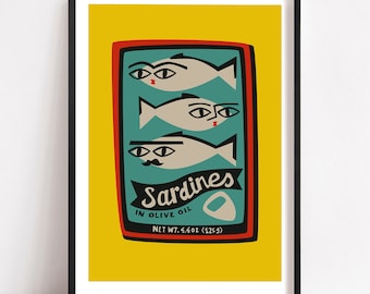 Sardines Art, Retro Can, Fish Lover Gift, Food Idea, Coastal Kitchen Decor, Fish Market, Shoal Poster, Mediterranean Seafood Festival