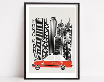 Hong Kong Travel Print: Red Taxi Retro City Decor