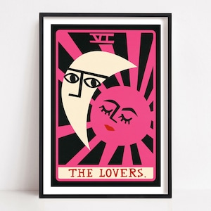 The Lovers Tarot Poster, Sonne und Mond Poster, Vintage Tarot Kartenkunst, Mid Century Celestial Decor, Print für Schlafzimmer, Hochzeitsgeschenk