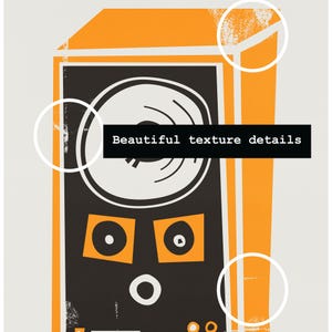 Puede incluir: Una ilustraci&oacute;n de estilo vintage de un tocadiscos con un altavoz grande de color naranja y un disco negro en el plato giratorio. La imagen tiene un aspecto texturizado y desgastado, con el texto "Beautiful texture details" impreso debajo del tocadiscos.