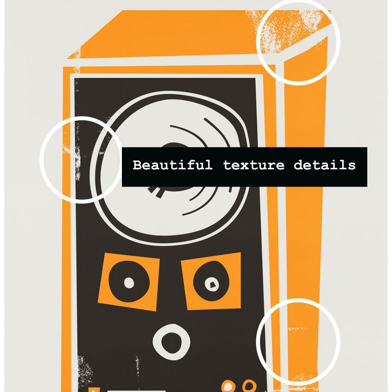 Puede incluir: Una ilustraci&oacute;n de estilo vintage de un tocadiscos con un altavoz grande de color naranja y un disco negro en el plato giratorio. La imagen tiene un aspecto texturizado y desgastado, con el texto "Beautiful texture details" impreso debajo del tocadiscos.