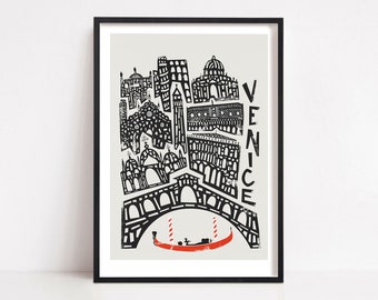 Poster de voyage à Venise, art mural Italie, cadeau d'anniversaire de mariage en papier à Venise, poster de voyage du milieu du siècle, cadeau de lune de miel pour mari ou femme