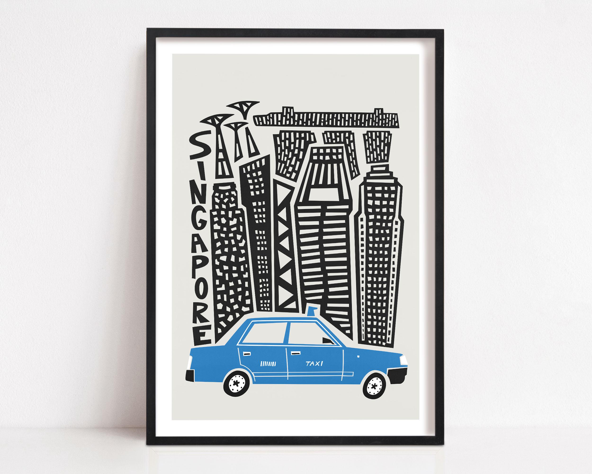 Singapore Skyline City Print: Blue Taxi Travel Art