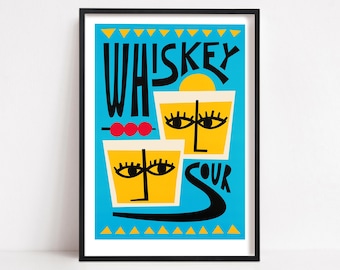 Whiskey Sour Cocktail Print: Blue Art For Kitchen Gallery Wall