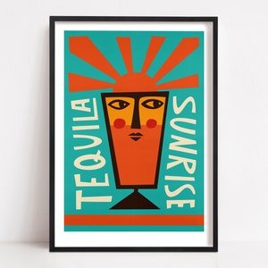 Tequila Sunrise Print, Cocktail Art, Plakat z połowy wieku, Prezent retro, Miksolog