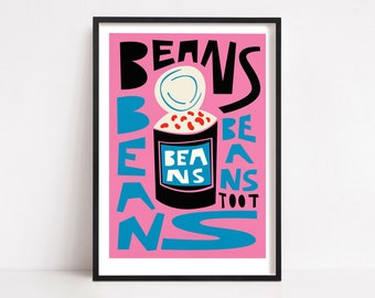 Baked Beans Food Poster, Retro Pop Art, Kitchen Wall Art, Kitchen Decor, Art Gift, Mid Century Modern, Foodie Gift, Kitchen Poster, Beans