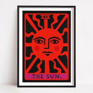 Die Sonne Tarot Poster, Art-Deco-Tarot-Kartendruck, himmlische Tarot-Deck-Kunst, Vintage-Sonnen-Dekor für Wohnzimmer