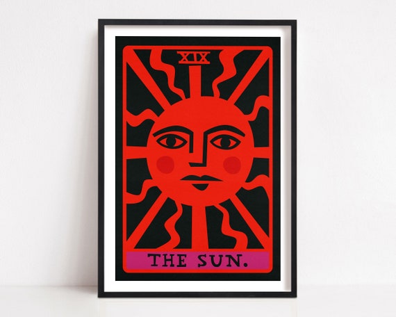 The Sun Tarot Poster: Red Art Deco Celestial Print