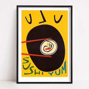 May include: A yellow background with black and red chopsticks holding a sushi roll. The text "SUSHI YUM" is written in green and black letters on the background.