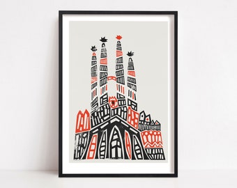 Sagrada Familia, impression de Barcelone, bâtiments emblématiques, art architectural de voyage, villes européennes, autour du monde, lune de miel, cadeau d'anniversaire