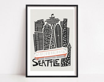 Seattle Print, affiche de carte de ville du milieu du siècle. Mélangez et assortissez avec d'autres imprimés Fox & Velvet pour créer le mur de galerie de voyage parfait.