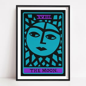 The Moon Tarot Print, Major Arcana Tarot Wall Art, Mystical Decor, Full Moon Wall Art, Tarot Card Poster, Mid Century Modern Celestial Decor