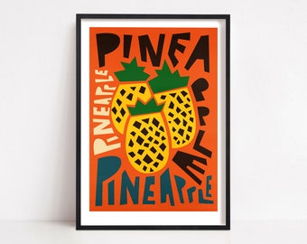 Pineapple Print, Retro Food Poster, Kitchen Decor, Fruit Art, Gift for Foodie, Retro Wall Decor, Kitchen Art, Mid Century