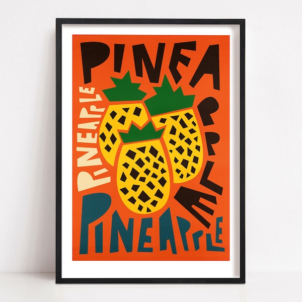 Ananas Print, Retro Food Poster, Küchendekor, Obst Kunst, Geschenk für Foodie, Retro Wanddekor, Küchenkunst, Mid Century