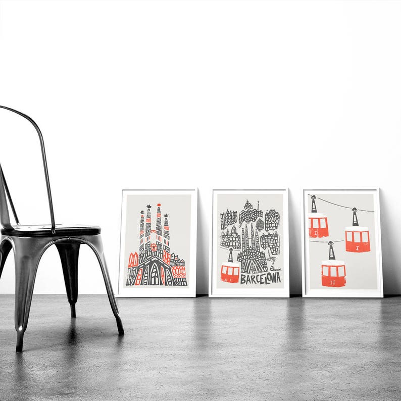 Set of 3 Barcelona Prints. Barcelona City Print, Sagrada Familia, and Cable Cars Prints. 3 Piece City Wall Art. image 1