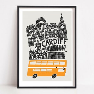 Cardiff Wales Print: Retro Bus, Cityscape Architecture