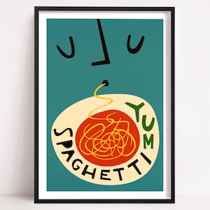 May include: A framed wall art print featuring a teal background with a stylized face eating a bowl of red spaghetti. The text SPAGHETTI is written in black along the bottom curve of the bowl, and the word YUM is written in green on the right side.