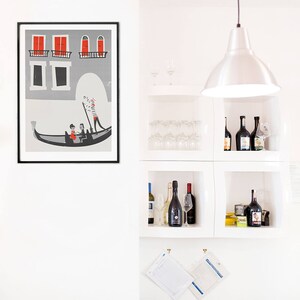 Venetian Gondola Illustration. Mid Century Style grey and red drawing of a couple on a gondola in Venice. Italy Honeymoon Gift Idea. image 8