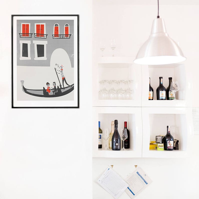 Venetian Gondola Illustration. Mid Century Style grey and red drawing of a couple on a gondola in Venice. Italy Honeymoon Gift Idea. image 8