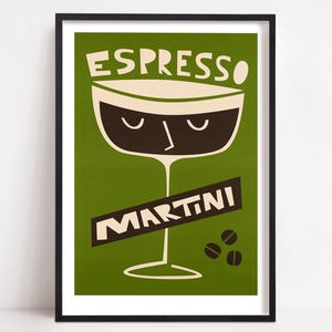 Wydruk artystyczny Espresso Martini, plakat Retro Coffee Cocktail, wystrój baru z połowy wieku, oryginalna sztuka ścienna do kuchni, prezent dla miłośników kawy