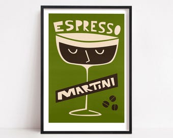 Espresso Martini Cocktail Print: Retro Green Coffee Art Poster