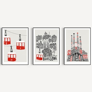 Set of 3 Barcelona Prints: Catalonia City Travel Art