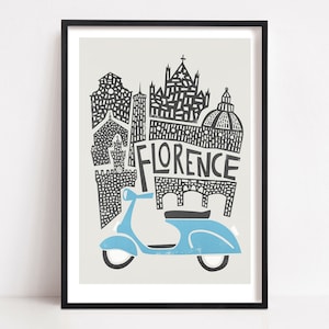 Florence Cityscape Print, City Skyline, Travel Art, Retro Scooter, Living Room Decor, Tuscany Italy, Europe, Firenze, Architecture Art image 1