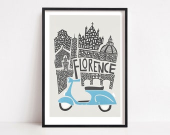 Florence Cityscape Print, City Skyline, Travel Art, Retro Scooter, Living Room Decor, Tuscany Italy, Europe, Firenze, Architecture Art