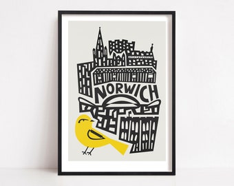 Norwich Travel Poster, City Print, Canaries, Villes du Royaume-Uni, Housewarming, Anniversaire ou Cadeau de mariage