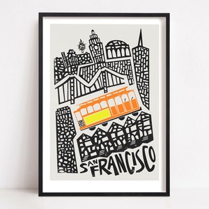 San Francisco Poster, Mid Century Travel Print, San Fran Skyline with Cable Cars, Multiple Sizes, City Map Print with Famous Landmarks