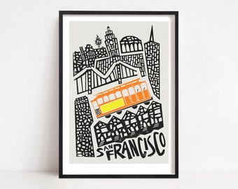 San Francisco Poster, Mid Century Travel Print, San Fran Skyline with Cable Cars, Multiple Sizes, City Map Print with Famous Landmarks