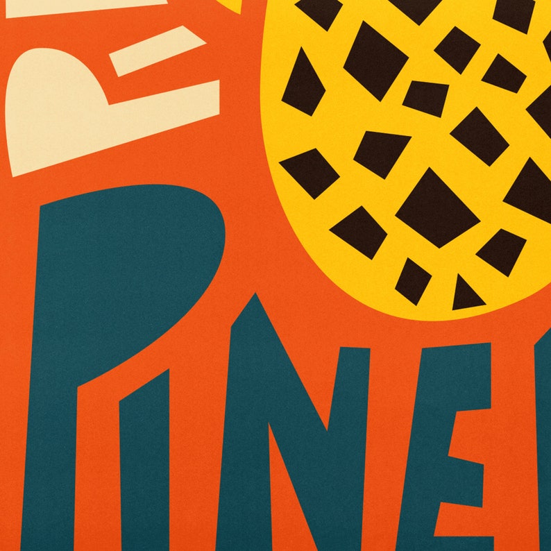 May include: A close-up of a colorful graphic design with the word "PINE" in large, bold, blue letters on an orange background. The design features a yellow circle with black geometric shapes inside, resembling a pineapple.