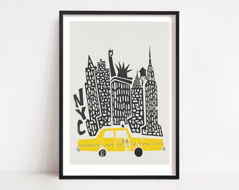 New York Poster, Retro Travel City Wall Art, New York Print, Mid Century Modern, Husband Wife Wedding Gift, Statue of Liberty,  NYC Skyline