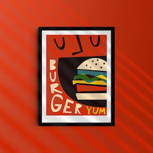 Poster di hamburger, regalo per lui, fast food per uomini, arte divertente per l'ufficio, pop art di hamburger, ristorante americano