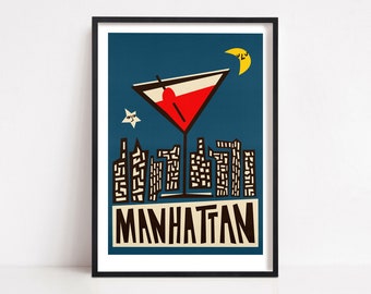 Manhattan Cocktail Poster, Retro Cocktail Art Print, Mid Century Print, Kitchen Decor, Christmas Gift, City at Night, Cocktail Print