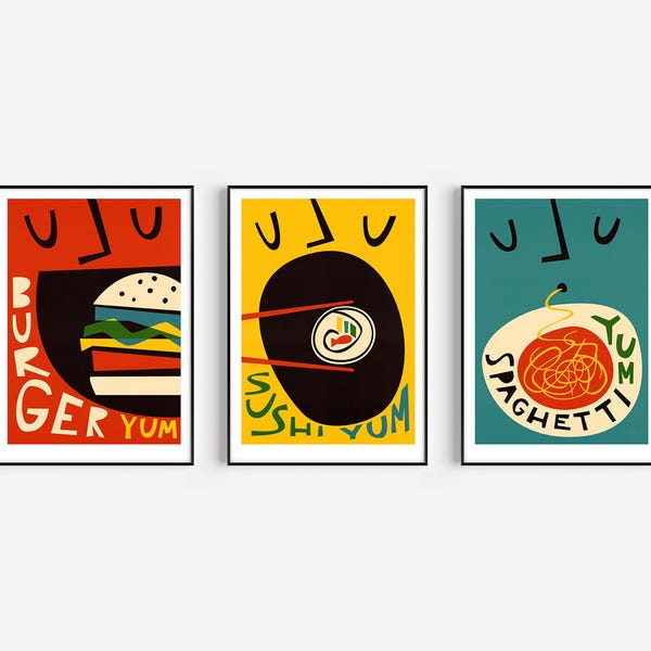 Retro Food Set Of 3 Prints: Sushi, Burger, Spaghetti Art